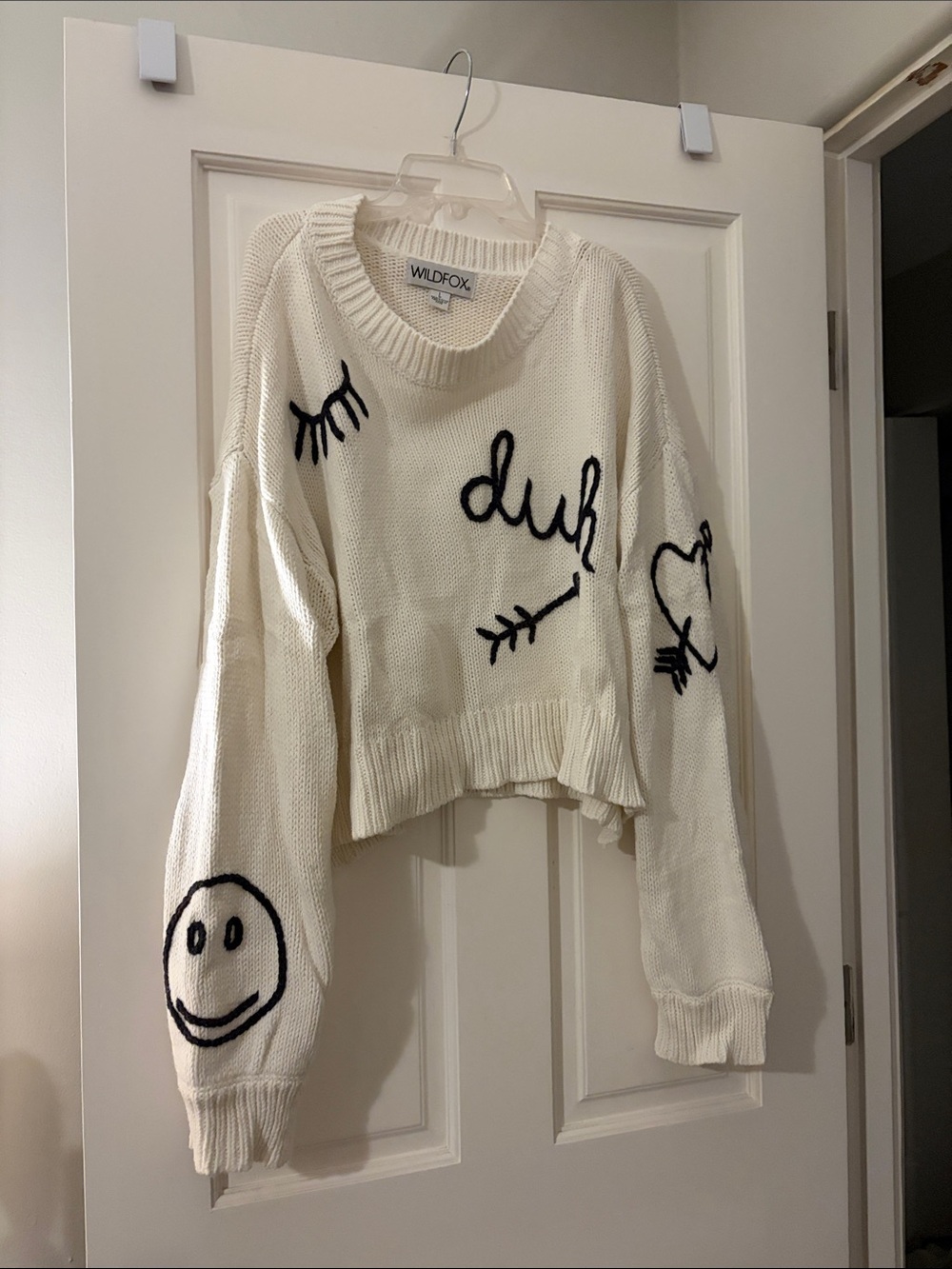 Wildfox Cream Graphic Cropped Crewneck Sweater with Black Motifs